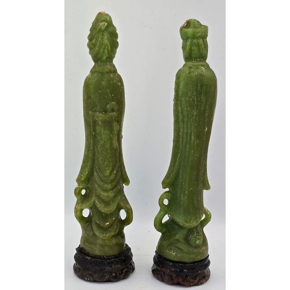 Vintage Ceremonial Jade Green Chinese Figure Carved Wax Candles Pair Unused